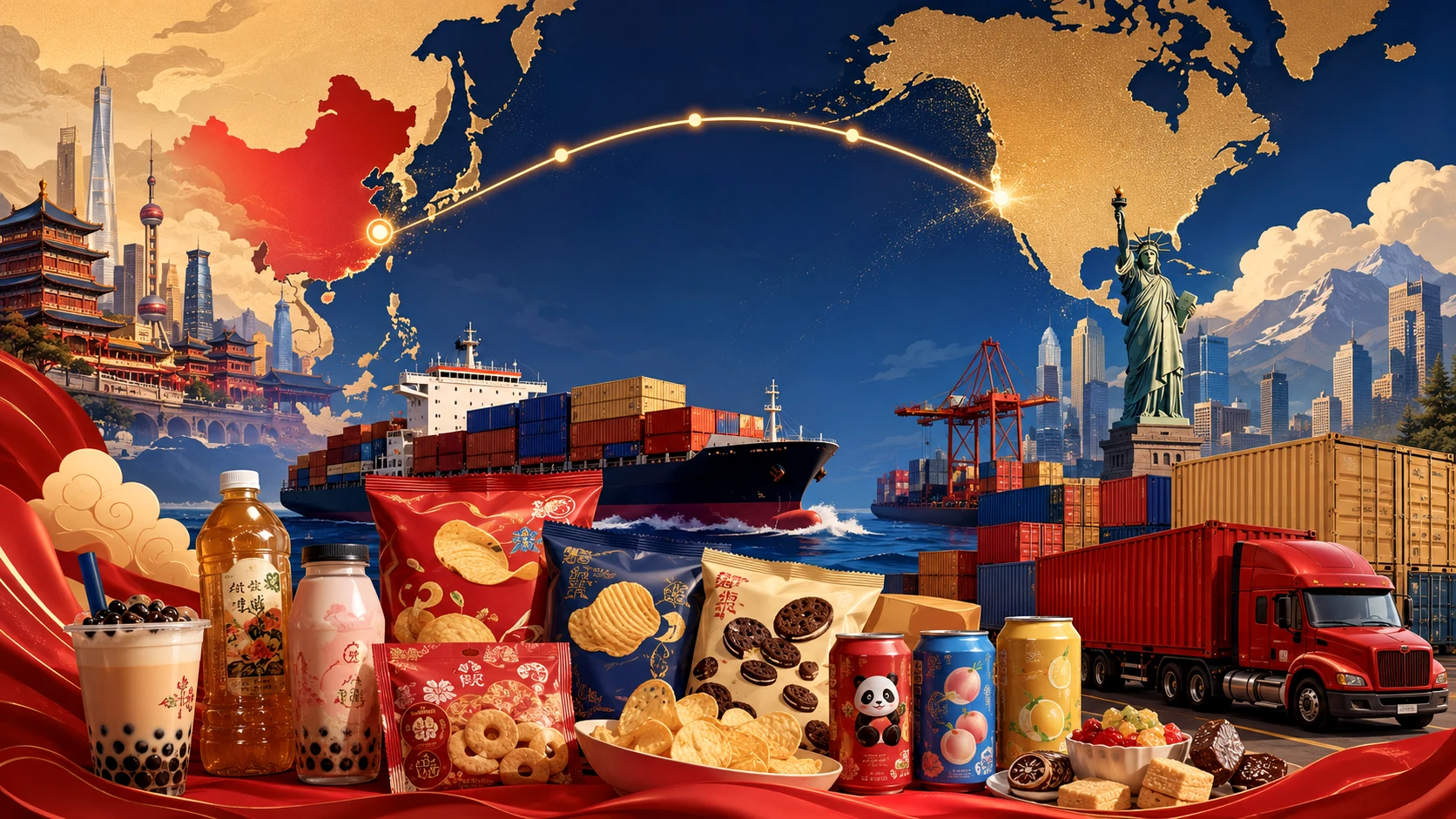 Illustration of Chinese snacks and drinks shipping to North America