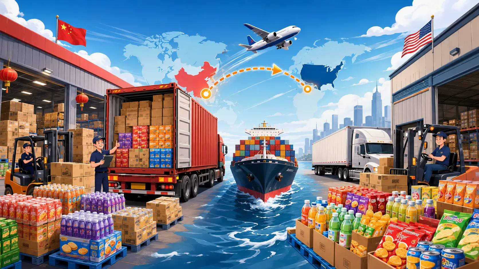Warehouse pallets of imported snack products